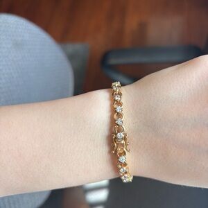 Vintage 70s Gold Tone Silver Rhinestone Link Bracelet - Women Costume Jewelry